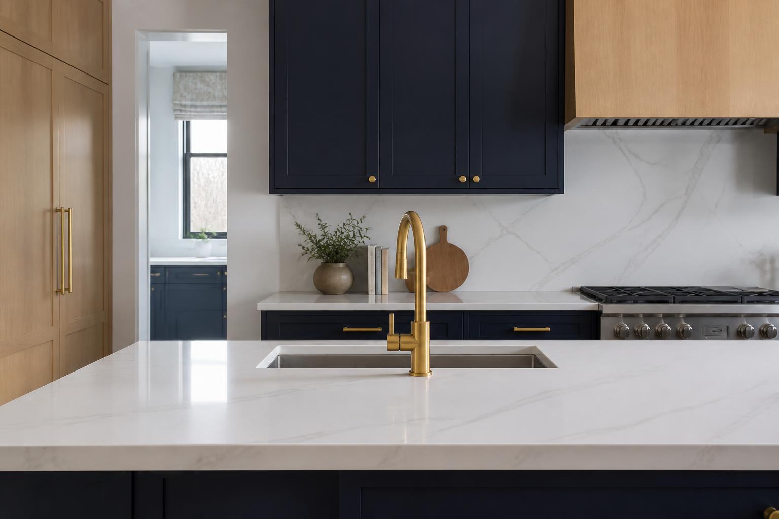 Navy family kitchen with white marble island and a brushed-gold faucet in morning light