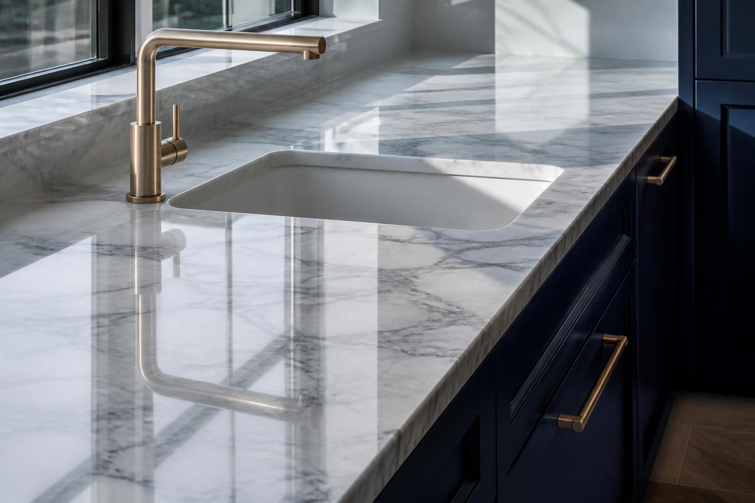 Polished white marble counter with grey veining, a brushed-gold faucet and navy cabinetry in sharp daylight