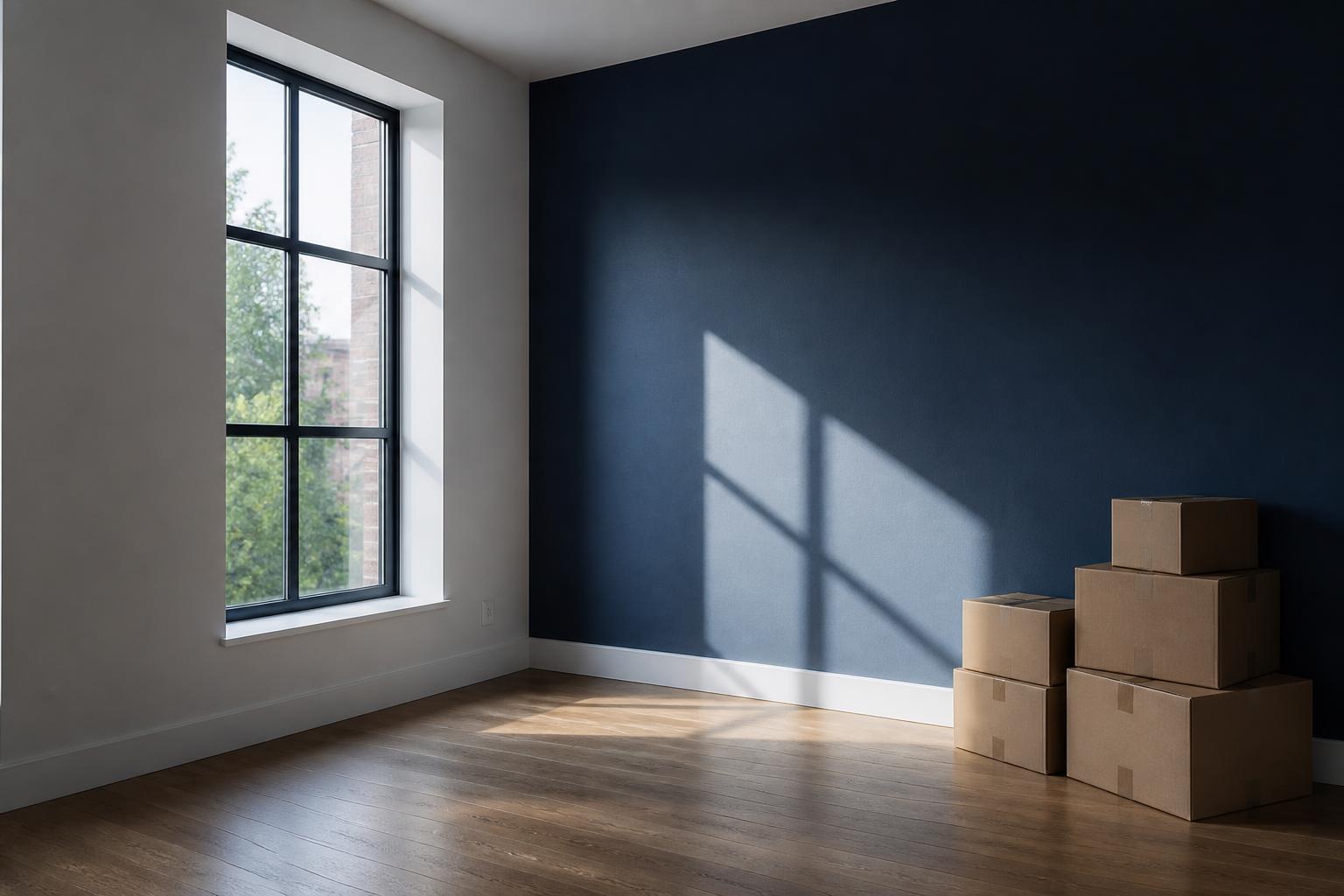 Empty room with a navy wall, wood floor and neatly stacked moving boxes by a tall window