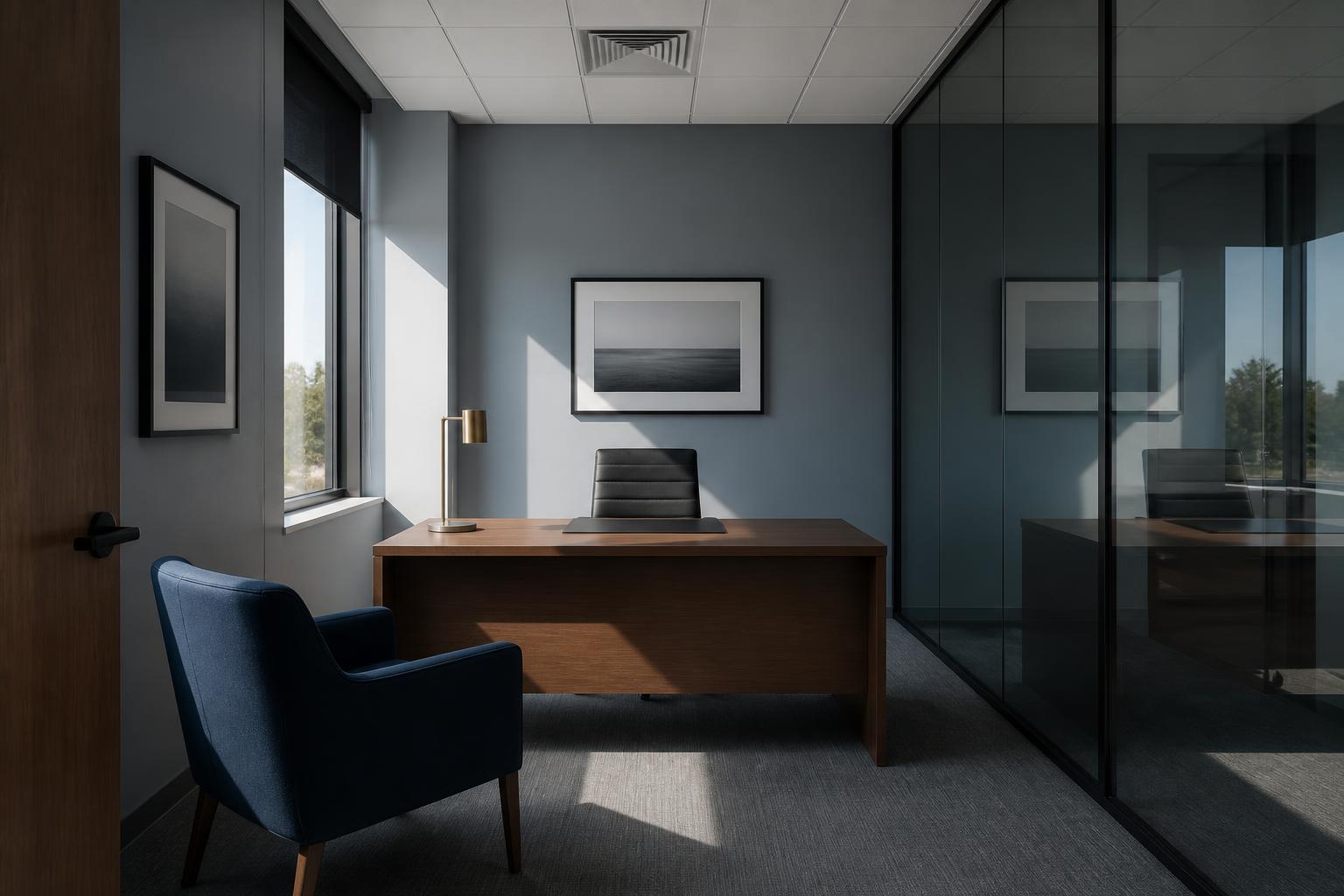 Small tidy office with a wood desk, navy armchair and a spotless glass partition
