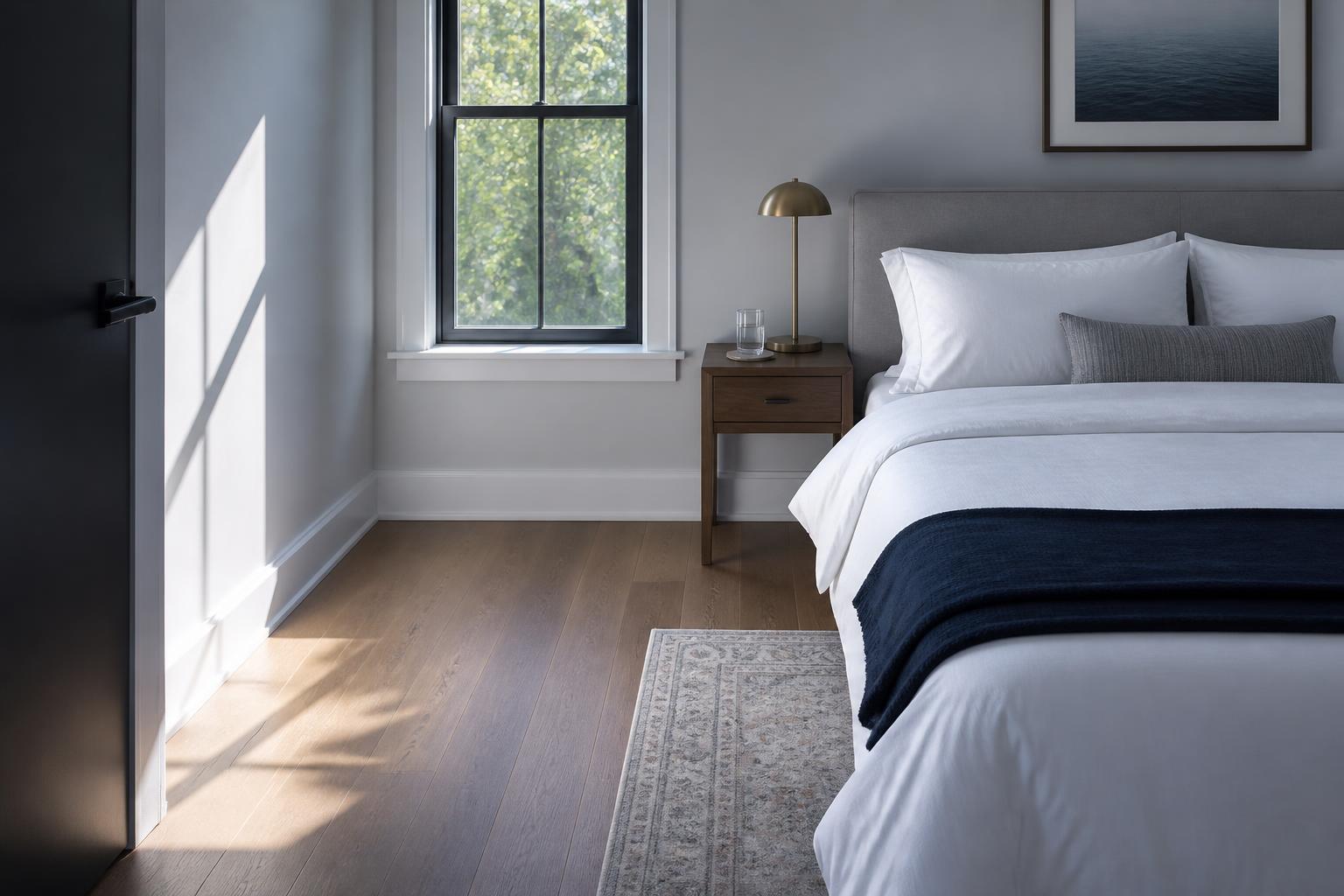 Guest bedroom with crisp white linens, a folded navy throw and a brushed-gold bedside lamp